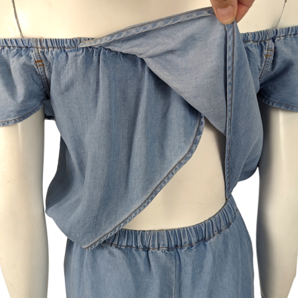 Splendid Chambray Romper Jumpsuit Womens XS Blue Tencel Off The Shoulder - Picture 6 of 15